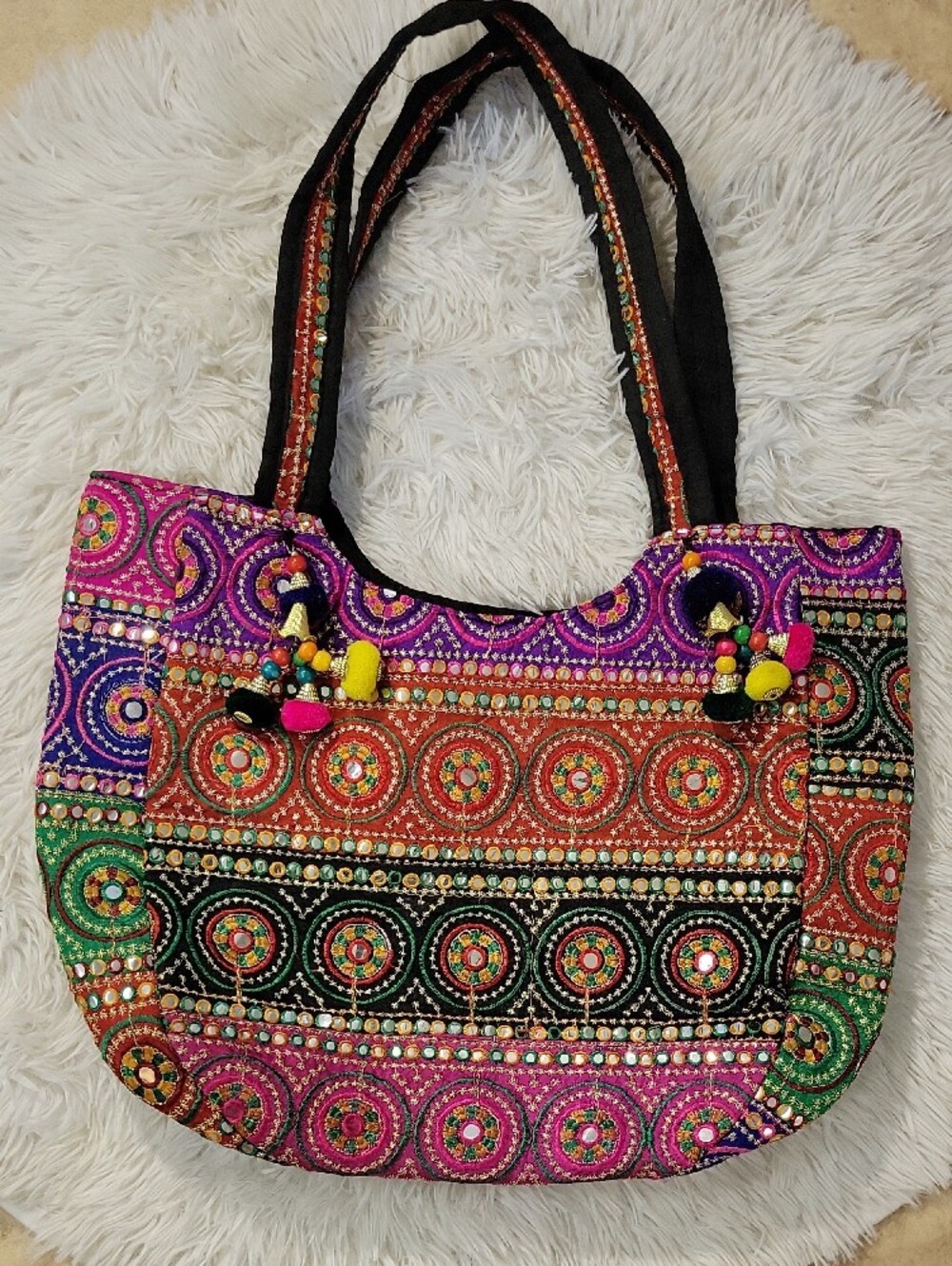 Boho Embroidered Multicolor Tote Bag - Pink, Green & Black
